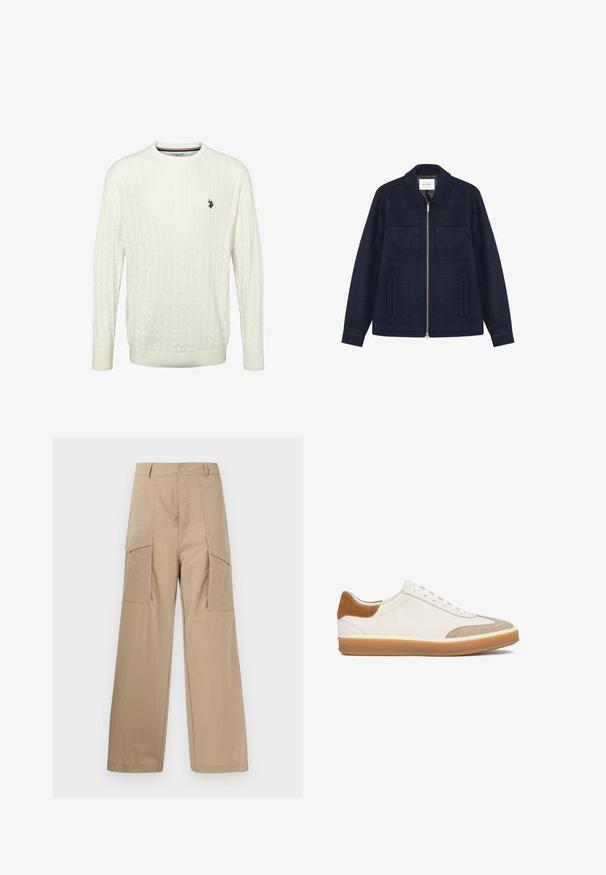 Veste zippée en laine bleu marine avec deux poches à patch sur la poitrine, deux poches passepoilées sur les côtés et un col classique.; Pull à manches longues en maille torsadée blanche avec col rond et petit logo noir de U.S. Polo Assn. sur la poitrine gauche.; Pantalon cargo beige à jambes larges avec grandes poches à rabat devant, passants pour ceinture et fermeture à boutons sur le devant.; Baskets basses blanches avec des accents en suède marron clair sur le talon et la pointe, des lacets blancs et une semelle translucide couleur gomme.