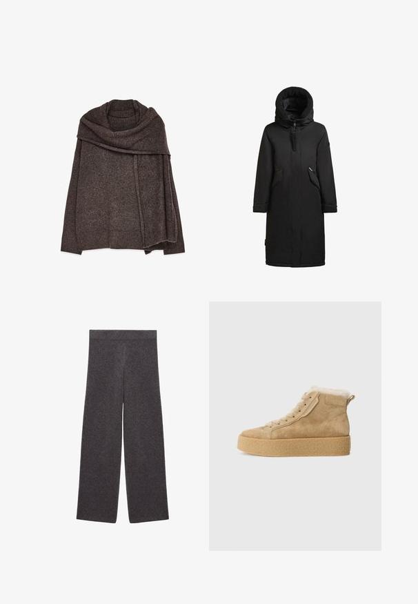 Sort parka med en pelsforet hætte, sidelommer og lynlås. Har lange ærmer og en lige silhuet.; Brun strikket sweater med et afslappet design, der har stor, draperet krave, ribbede manchetter og kant. Blød tekstur med et let meleret udseende.; Bredde benbukser lavet af mørkegrå stof. Har en komfortabel elastisk talje og en glat, struktureret overflade. Ingen synlige mønstre.; Kennel + Schmenger BAZAR - Vinterstøvler - nuts/natur