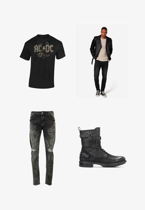 Sort læderbikerjakke med sølvhardware, beige t-shirt, mørke jeans og sorte høje sneakers i en stående position.; Sort bomulds t-shirt med grafisk print af "AC/DC" og "Rock or Bust" i slidte, stiliserede bogstaver med splatteraccents.; Slim-fit, slidset sorte jeans lavet af denim med slidte knælapper. Har standardlommer og en knaplukning.; Kazar HEARD - Cowboy- / bikerstøvlette - black