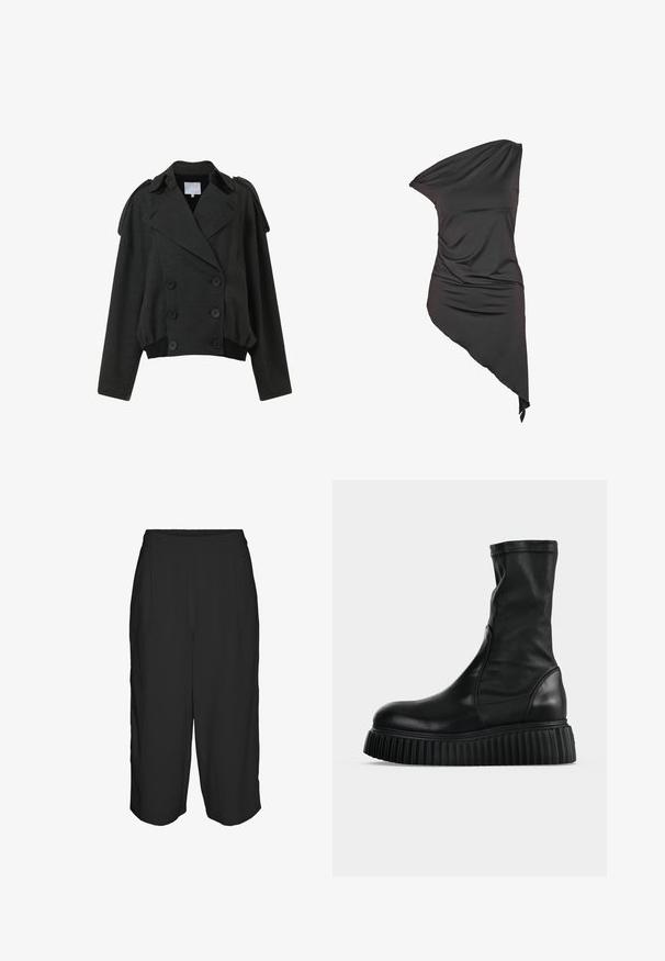 Chaqueta gris oscuro de doble botonadura con grandes botones, cuello prominente, hombros estructurados y dobladillo elástico. Fabricada con tejido texturizado.; Vestido negro asimétrico de un solo hombro con tela drapeada y dobladillo desigual, más largo en un lado.; Pantalones anchos negros con una textura suave, con cintura alta, dos botones en la parte frontal y detalles de pliegues para dar estructura.; Bota de cuero negra hasta la mitad de la pantorrilla con parte superior lisa y suela gruesa con plataforma y ranuras, vista de lado sobre un fondo liso y claro.
