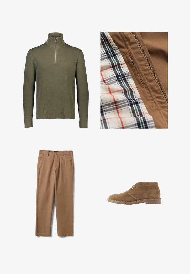 Tela de chaqueta marrón con una cremallera de metal y una camisa de cuadros en colores beige, azul marino, verde y rojo debajo de la chaqueta.; Suéter de punto acanalado verde oliva con cuello alto y cierre de cremallera de cuarto. Presenta mangas largas y un acabado texturizado.; Pantalones caqui de corte recto para hombre con bolsillos laterales, trabillas para cinturón y cierre de botón en la cintura.; Zapato casual marrón de ante hasta el tobillo con dos ojales para cordones y suela cosida sobre fondo blanco, vista lateral.