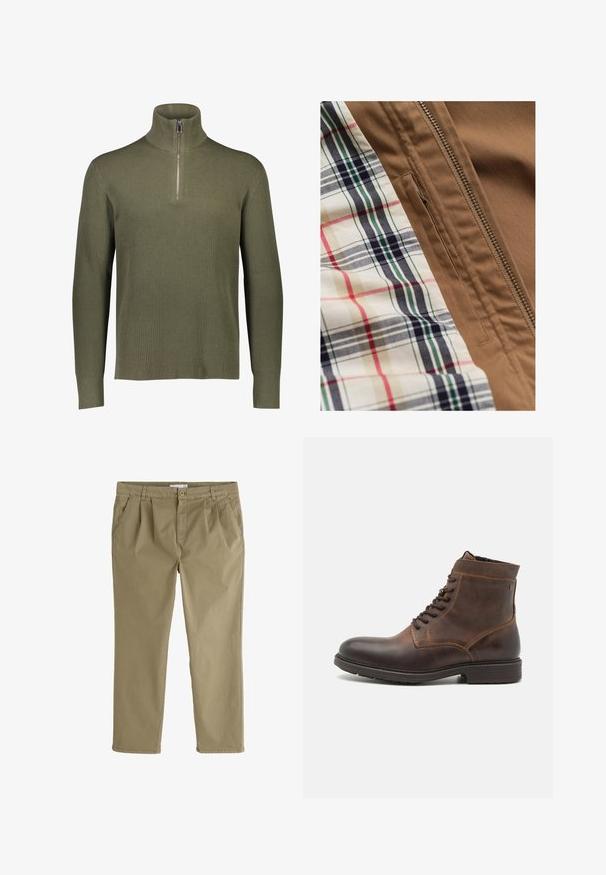 Tela de chaqueta marrón con una cremallera de metal y una camisa de cuadros en colores beige, azul marino, verde y rojo debajo de la chaqueta.; Suéter de punto acanalado verde oliva con cuello alto y cierre de cremallera de cuarto. Presenta mangas largas y un acabado texturizado.; Pantalones casual beige con cierre de botón y cremallera, bolsillos delanteros, trabillas para cinturón y corte recto.; Jack & Jones JFWDELANEY BOOT - Botines con cordones - cognac