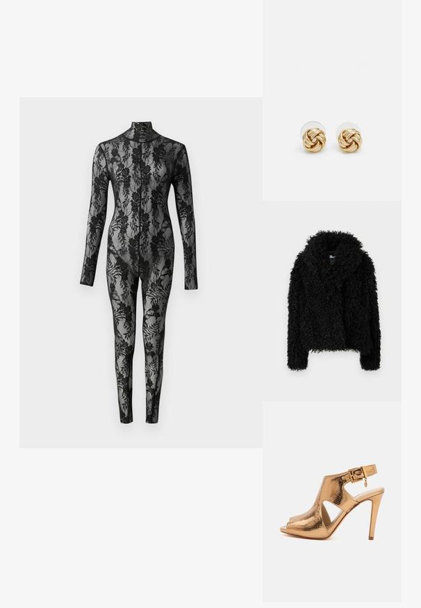Chaqueta negra de textura rizada con un amplio cuello y mangas largas. Presenta un material suave y aterciopelado. Sin cierres visibles.; Bodysuit negro de encaje con mangas largar, cuello alto y un patrón floral que cubre toda la superficie. Diseño ajustado con textura transparente.; Sandalia dorada de tacón alto con superficie texturizada, puntera abierta, lados recortados y tira ajustable en el tobillo con pequeña hebilla decorativa.; Pendientes de botón en tono dorado con un diseño retorcido. Cada pendiente cuenta con un respaldo circular transparente para una sujeción segura.