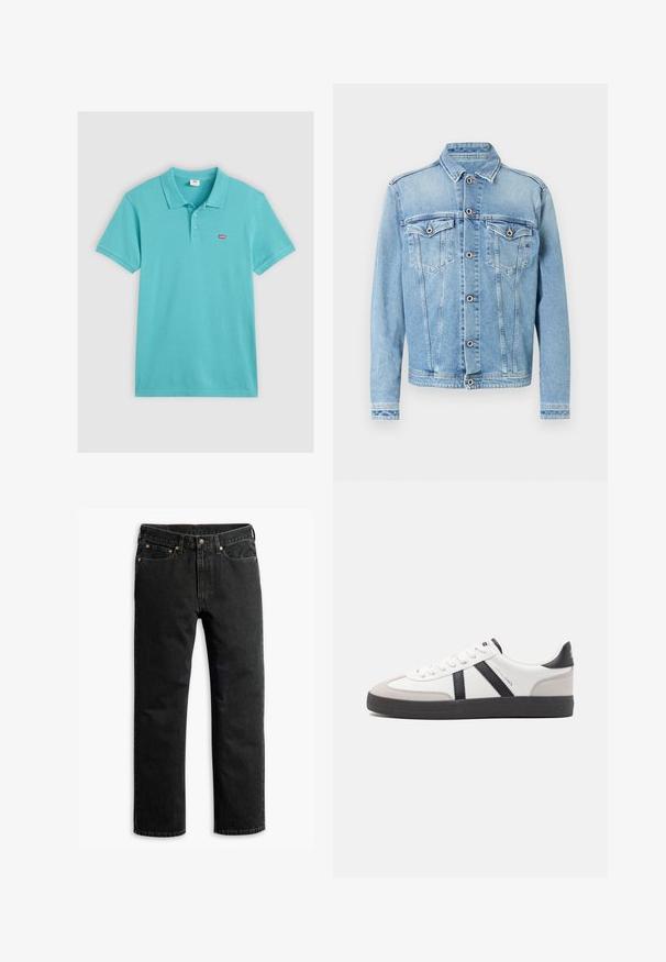 Veste en denim bleu clair avec un col pointu, une fermeture à boutons sur le devant et deux poches poitrine ornées de broderies et de surpiqûres contrastantes.; T-shirt polo turquoise en coton, avec un col, trois boutons et un petit logo Levi's rouge sur la poitrine.; Jean en denim noir à jambe droite avec cinq poches, passants de ceinture et fermeture par bouton à la taille, disposé à plat sur un fond blanc.; Baskets blanches avec des accents noirs et gris, présentant un embout texturé gris, une semelle en caoutchouc noir et des lacets plats blancs. Design épuré, style minimaliste.