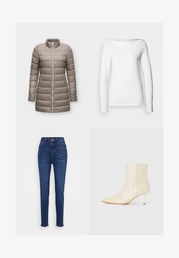 Taupekleurige lange donsjas met horizontale doorgestikte lijnen, rits aan de voorkant, opstaande kraag en zijzakken, getoond op een effen achtergrond.; Wit katoenen shirt met lange mouwen, een brede boothals en een aansluitende pasvorm. Gladde textuur zonder zichtbare patronen of accenten.; Hogestraat, slim-fit jeans in donkerblauwe denim. Voorzien van vijf zakken, riemlussen en een knoopsluiting met subtiele vervaging langs de benen.; Crème-kleurige enkelboot met spitse neus en slanke hiel van gemiddelde hoogte, met een gladde textuur, weergegeven vanaf de buitenkant op een witte achtergrond.