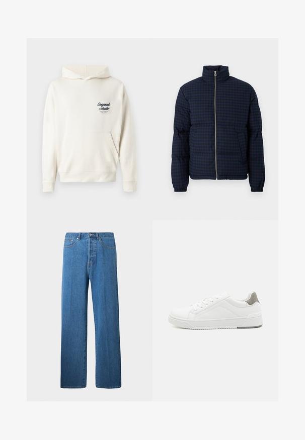 Marineblauwe gewatteerde jas met een geruit patroon, hoge kraag, voorzieing met rits en zijzakken. Het ontwerp heeft een gestructureerde afwerking.; Crème-kleurige hoodie gemaakt van zachte stof, met een voorzak, ribgebreide manchetten en een klein geborduurd logo op de borst.; Lichtblauwe denim jeans met een rechte pijp. Voorzien van vijf zakken, een knoopsluiting en minimale stikseldetails.; Witte sneaker van glad leer met een ronde neus, minimalistisch ontwerp, grijze hielaccent en een geplaatste rubberen zool.