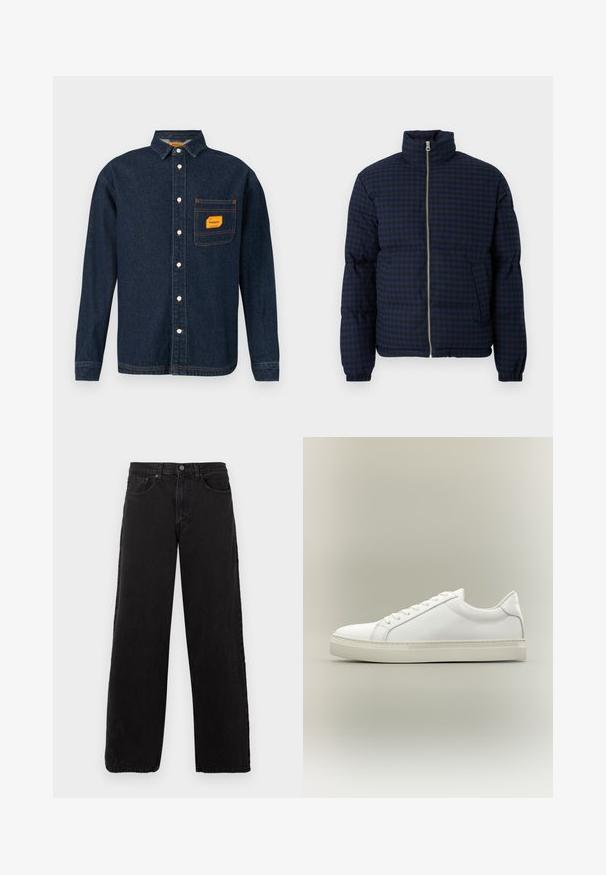 Marineblauwe gewatteerde jas met een geruit patroon, hoge kraag, voorzieing met rits en zijzakken. Het ontwerp heeft een gestructureerde afwerking.; Donkerblauwe denim shirt met button-down kraag, oranje label op de borstzak en witte knopen. Zachte textuur met contrasterende stikseldetails.; Zwarte denim jeans met een recht model, vijf zakken en een knoopsluiting. Gestructureerde stof en minimalistische esthetiek.; Witte lage sneaker met veters aan de voorkant en dikke zool, zijaanzicht tegen een neutrale achtergrond.