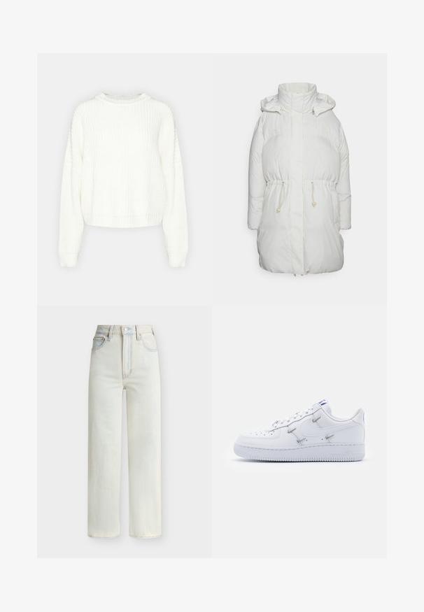 Manteau matelassé blanc avec un col haut et une capuche. Il dispose d'une taille à cordon de serrage, de poches latérales et d'une texture douce. Design lisse et minimaliste.; Pull en maille blanche avec un col rond, des manches longues et une coupe décontractée. Présente un motif texturé et un ourlet et des poignets côtelés.; Jean en denim bleu clair à taille haute avec jambe droite, boutons à l'avant, fermeture éclair et cinq poches.; Nike Sportswear AIR FORCE 1 - Baskets basses - white/hyper royal/black