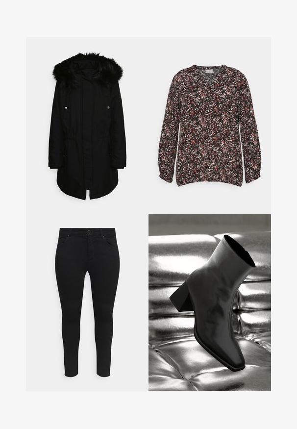 Sort parka jakke med en faux fur hætte, snor i taljen og trykknap lukninger; har to forlommer og en buet kant.; Blomsterbluse i sort med små pink, hvide og grønne mønstre. Har en v-hals og lange, samlede ærmer. Lavet af letvægtsstof.; Sorte skinny jeans lavet af et strækstof, med forlommer, en knaplukning og et strømlinet design uden synlige mønstre eller udsmykninger.; Sorte ankelstøvler lavet af glossy materiale med firkantet tå og spidse hæle, sat mod en skinnende sølv tuftet baggrund.