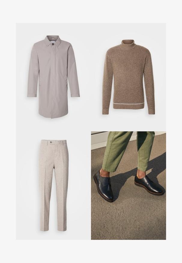 Abrigo gris claro fabricado con una tela suave, con cuello de solapa, cierre frontal de botones y bolsillos laterales. Diseño sencillo de manga larga.; INDICODE JEANS Jersey de punto - otter; Pantalones de lana beige claro con una textura suave, corte recto, pliegues en la parte frontal y un cierre de botón único en la cinturilla.; Zapatos negros de cuero con cordones, punteras puntiagudas y costuras marrones, usados con pantalones verdes sobre una superficie gris.