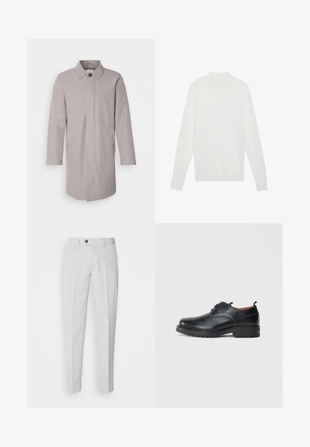Lysegrå frakke lavet af glat stof, med kravehals, knaplukning fortil og sidelommer. Enkel design med lange ærmer.; Hvid pullover sweater med høj halsudskæring, lange ærmer og ribbede manchetter og kant. Fremstillet af et blødt strikket stof. Simpelt og tætsiddende design.; Lys grå bukser lavet af tekstureret stof, med knaplukning, flad front og smalle ben for en strømlinet pasform.; Sorte læder derby-sko med en glat overflade, rund tå, snøre-design og en tyk, robust gummisål.