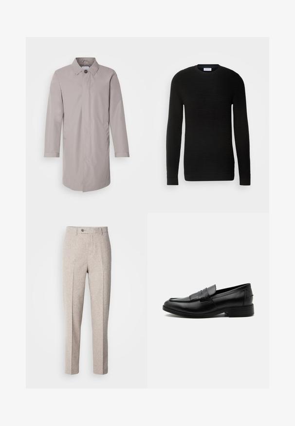 Lysegrå frakke lavet af glat stof, med kravehals, knaplukning fortil og sidelommer. Enkel design med lange ærmer.; Sort langærmet sweater med ribbet tekstur, rund halsudskæring og tætsiddende manchetter. Fremstillet af et blødt, strækbart materiale.; Lys beige uldslynger med en glat tekstur, lige snit, frontfolder og en enkelt knaplukning i taljen.; Sort læder herre loafers med kvast detalje, rundet tå, lav hæl og glat poleret finish, vist fra siden på hvid baggrund.