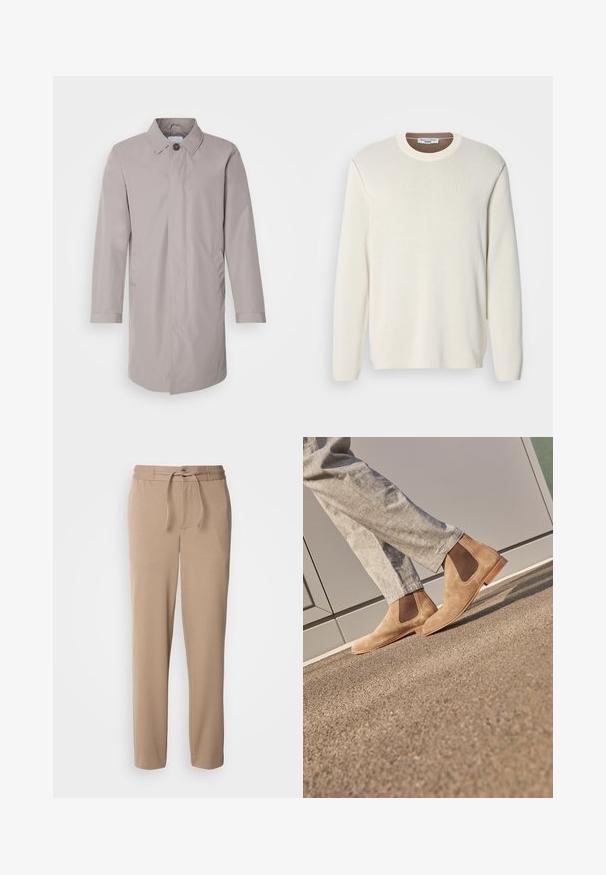 Manteau gris clair en tissu lisse, avec un col et une fermeture à boutons à l'avant, ainsi que des poches latérales. Design simple à manches longues.; Pull-over crème clair avec un col rond, des manches longues et une texture en maille lisse. Présente un col contrastant marron.; Pantalons de survêtement beige en coton doux, avec une taille élastique, un cordon de serrage, une coupe slim et des jambes droites sans motifs.; Bottines Chelsea en daim marron avec des panneaux latéraux en élastiquem et une semelle en caoutchouc lisse couleur tan, associées à un pantalon gris clair sur une surface texturée.