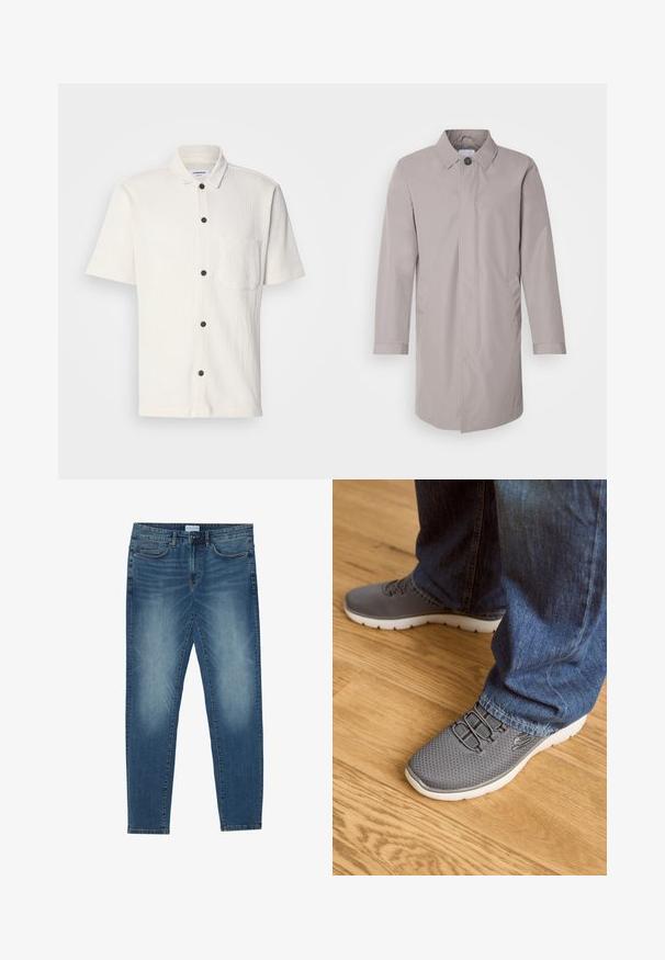 Abrigo gris claro fabricado con una tela suave, con cuello de solapa, cierre frontal de botones y bolsillos laterales. Diseño sencillo de manga larga.; Camisa blanca de manga corta con un diseño texturizado, botones frontales en marrón oscuro y un único bolsillo en el pecho.; Vaqueros de mezclilla en azul medio con un lavado descolorido, diseño de cinco bolsillos, corte recto y acentos cosidos. Cierre con botón y cremallera.; Zapatillas deportivas grises con parte superior de malla, suela blanca y cordones elásticos. Combinadas con unos vaqueros de mezclilla azules, sobre un suelo de madera.