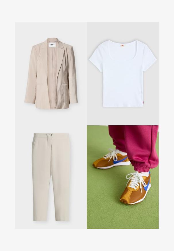 Beige Damenblazer mit langen Ärmeln, Reverskragen mit Ausschnitt, zwei vorderen Taschen und einem Etikett mit der Aufschrift "ONLY" im Kragen.; Weiße kurzärmelige Bluse mit quadratischem Ausschnitt, aus geripptem Stoff. Mit einem kleinen roten Logoschild auf der unteren linken Seite.; Beige, maßgeschneiderte Hosen mit geradem Bein, Seitentaschen und einem Reißverschluss vorne. Glatter Stoff mit sauberem, minimalistischem Design.; Braune und blaue Sneakers aus einer Mischung aus Mesh- und Wildledermaterialien, versehen mit weißen Schnürsenkeln und einer strukturierten braunen Sohle, die auf grünem Boden platziert sind.