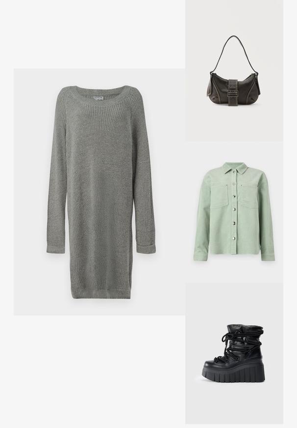 Lysegrøn corduroy-skjorte med knapper, to brystlommer og lange ærmer, med klassisk krave.; Grå strikket sweaterkjole med lange ærmer, ribbede manchetter, rund halsudskæring og sideslidser for nem bevægelse. Tekstureret stof.; Sorte platform ankelstøvler lavet af blankt materiale, med en rund tå, tyk rillet sål og snoede snørebånd langs skaftet.; Sort læder skuldertaske med spænde på remmen, afrundede kanter og kontrasterende hvide syninger på en ensfarvet baggrund.