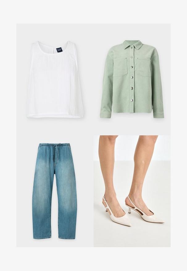 Chemise en velours côtelé vert clair à boutons, avec deux poches poitrine et manches longues, dotée d'un col classique.; Top court blanc sans manches avec col rond et étiquette de marque GAP à l'intérieur du col au dos.; Pantalon en jean bleu clair avec taille élastique et cordon, coupe droite et poches latérales, présenté sur un fond blanc uni.; Escarpins à talon slingback en cuir verni beige avec un bout pointu et un talon de 5 cm, présentant des côtés découpés et une fine bride à la cheville.