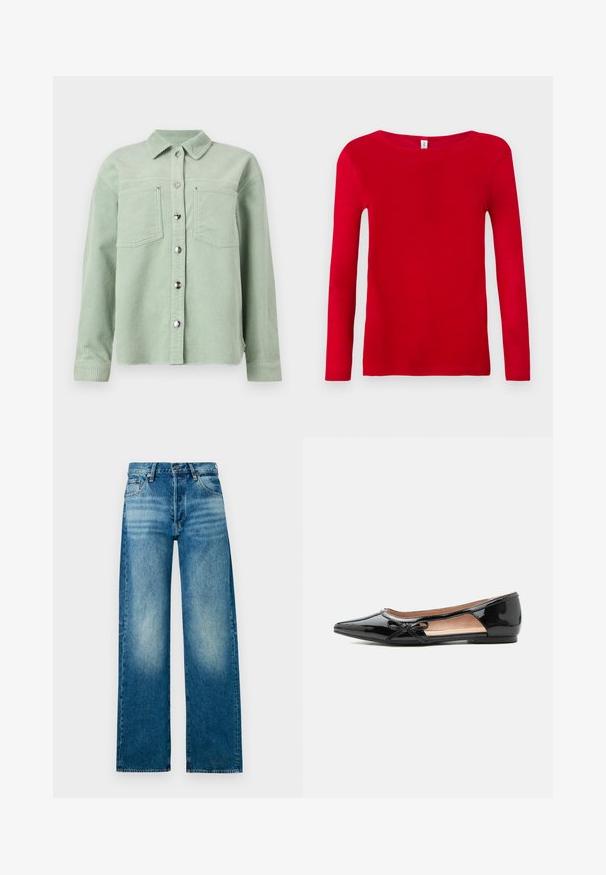 Camisa de pana verde claro con botones, dos bolsillos en el pecho y mangas largas, con cuello clásico.; Camiseta roja de manga larga hecha de suave algodón. Presenta un escote redondeado y un ajuste ceñido, con una textura suave y sin patrones visibles.; Vaqueros de mezclilla de color azul claro con cintura alta, corte de pierna ancha y acabado desgastado. Presenta un diseño clásico de cinco bolsillos y cierre de botón metálico.; Zapato plano puntiagudo de charol negro con corte lateral y pequeño lazo decorativo en el borde exterior.