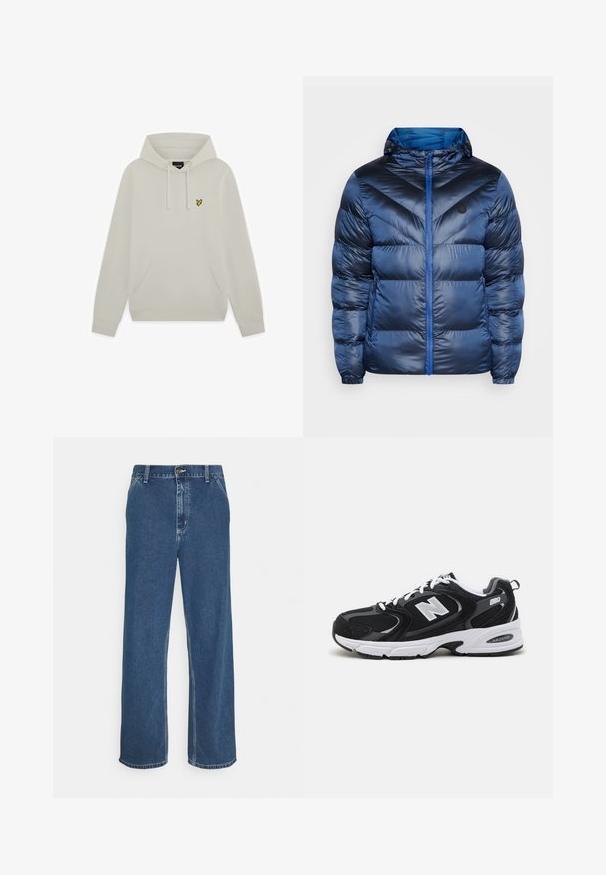 Marineblauwe pufferjack met een capuchon, voorzien van een chevronontwerp, glanzende afwerking, een rits aan de voorkant en zijzakken voor veilige opslag.; Lichtbeige hoodie met voorzak en klein geel vogel logo op de linkerborst.; Blauwe spijkerbroek met een rechte snit, vijf-pocket ontwerp, metalen knoopsluiting en zichtbare stiksels langs de naden en de zoom.; Zwarte en grijze sport schoenen met een bovenwerk van mesh en suede, voorzien van een witte tussenzool, veters en een gedurfde "N"-logo aan de zijkant.