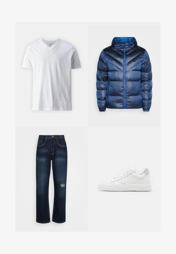 Marineblaue Steppjacke mit Kapuze, mit einem Zickzackmuster, glänzender Oberfläche, Frontreißverschluss und seitlichen Taschen für sicheren Stauraum.; Kurzärmliges, V-Ausschnitt T-Shirt aus Baumwolle in Weiß. Hat ein einfaches Design mit glatter Textur und lockerer Passform.; Dunkelblaue Jeans im Relaxed Fit mit einem zerstörten Detail am linken Oberschenkel und kontrastierender Naht entlang der Taschen.; Weiße Leder-Sneaker mit glatter Oberfläche, rundem Zehenbereich, flachen Schnürsenkeln und strukturiertem Schuhsohlen. Graues Wildleder-Detail an der Ferse.