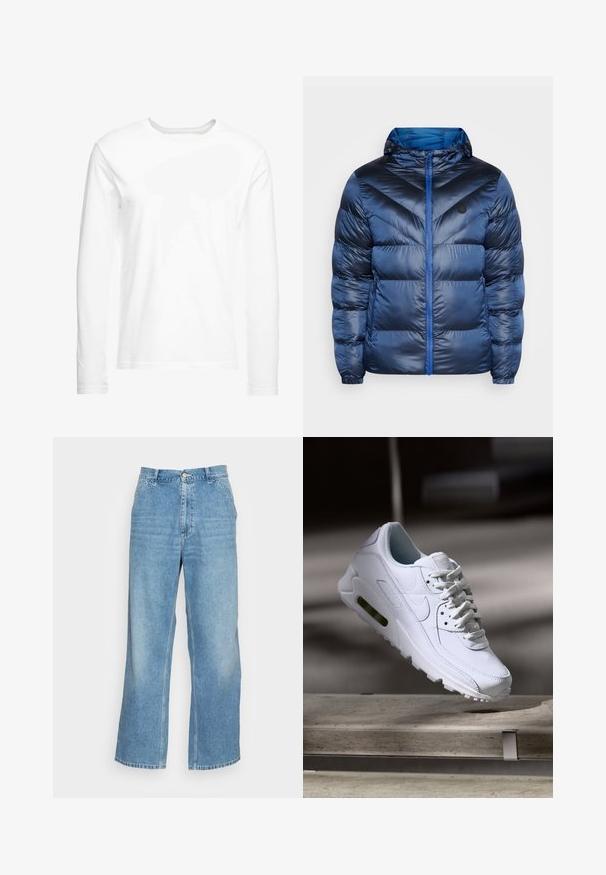 Doudoune bleu marine avec capuche, présentant un design en chevrons, une finition brillante, une fermeture éclair à l'avant et des poches latérales pour un rangement sécurisé.; T-shirt blanc à manches longues en coton doux. Encolure ronde avec des ourlets droits et sans motifs ni graphiques visibles.; Jean large en denim bleu clair. Dispose d'une taille haute, d'une fermeture à bouton et d'un design classique à cinq poches. Texture lisse.; Baskets blanches en cuir avec des surfaces texturées, un col rembourré et un amorti d'air visible dans la semelle. Elles possèdent des lacets et un design minimaliste.