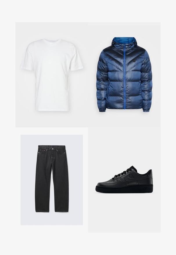 Doudoune bleu marine avec capuche, présentant un design en chevrons, une finition brillante, une fermeture éclair à l'avant et des poches latérales pour un rangement sécurisé.; T-shirt en coton blanc à manches courtes, encolure ronde et texture lisse. Design simple sans motifs ni graphiques.; Jean noir droit avec cinq poches et une fermeture bouton à la taille, posé à plat sur un fond clair.; Baskets Nike Air Force 1 noires avec un dessus en cuir lisse, bout perforé pour la respirabilité, lacets noirs et semelle en caoutchouc texturé.