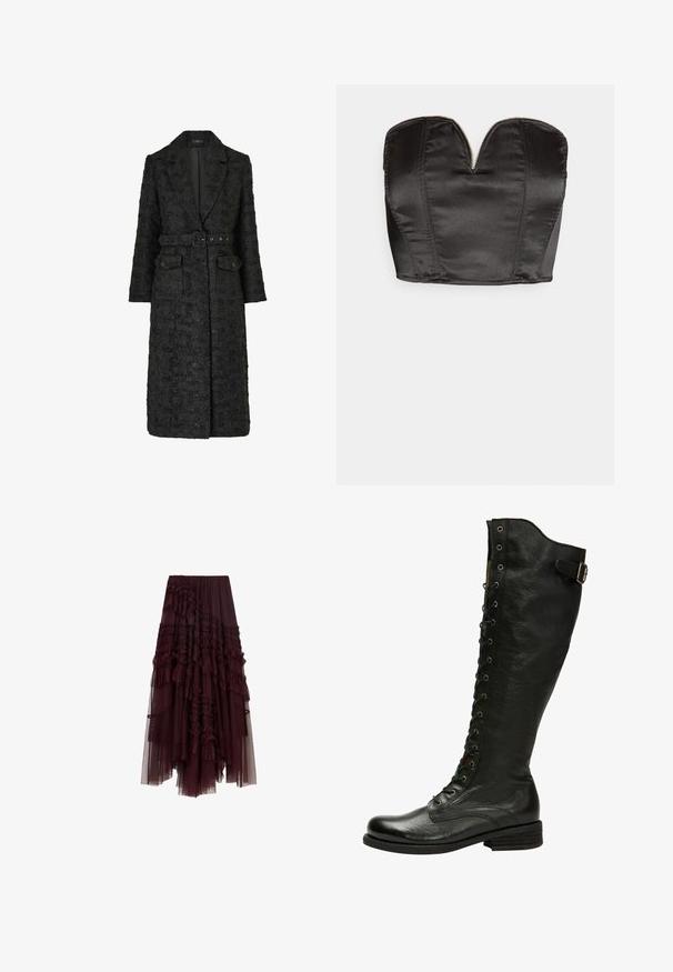 Sort tekstureret lang frakke med bælte i taljen, hak-krave, lange ærmer og to frontlommer med knapklap.; Vero Moda VMSALLY CROPPED SIMILI CORSAGE - Top - black; Bordeaux tylskørt med rynkede lag, elastisk talje og varierende længder, der har en blød, let tekstur.; Sorte læder knæhøje støvler med snørebånd foran, sølvøjer og sidebælte. Har en tekstureret overflade og stablet hæl.