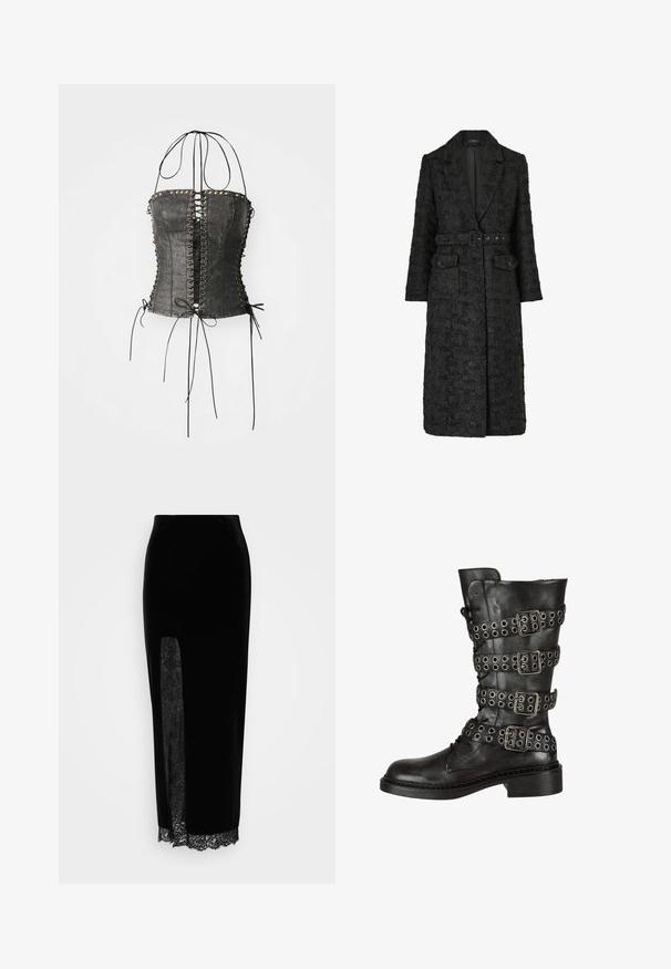 Sort tekstureret lang frakke med bælte i taljen, hak-krave, lange ærmer og to frontlommer med knapklap.; Jaded London LONGLINE LACE UP HALTER CORSET - Top - black; Sort fløjlsskirt med et gennemsigtigt blonderpanel på den ene side, en slids og blondekant i kanten. Skræddersyet design med en glat tekstur.; Sorte læder knæhøje støvler med flere sølv spænder og hægter, med en afrundet tå og en lav blokhæl. Struktureret finish.