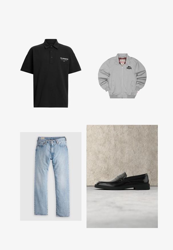 Vaaleanharmaa vetoketjullinen takki, jossa on napilliset läppätaskut, resorireunukset ja helma, Lonsdale London -logo rinnassa ja punainen ruutukuvioinen vuori.; Musta poolopaita, joka on valmistettu puuvillasta, klassisella kauluksella, kahdella napilla ja vasemmassa rinnassa valkoisella painettuna logo.; Vaaleansiniset farkut suoran leikkauksen, viiden taskun suunnittelun, huomaamattoman kulutuksen ja kontrastiväristen ompeleiden kanssa. Napilla ja vetoketjulla suljettavat.; Musta kiiltävä nahkainen loafer-kenkä leijuu beigen maton yllä, taustalla oranssin sävyinen läpikuultava huonekalu.