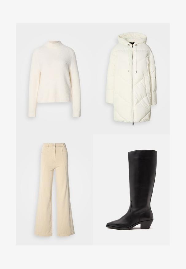 Chaqueta de plumas blanca con capucha, que presenta un patrón de diamantes acolchado, cierre frontal con cremallera y cordones. Textura suave y ajuste relajado.; Suéter color crema con cuello alto, mangas largas y un acabado suave y texturizado. Presenta un dobladillo ligeramente recortado.; Jeans beige de pierna ancha con cintura alta, bolsillos frontales y costuras en contraste, con cierre de botón y una textura de algodón suave.; Bota de cuero negra hasta la mitad de la pantorrilla con puntera puntiaguda y tacón bajo inclinado sobre un fondo claro y liso.