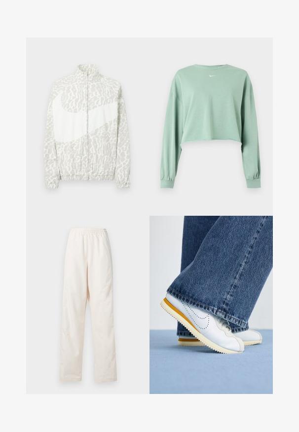 Letvægtsjakke i grå og hvid med leopardmønster, høj krave og elastiske manchetter med et fremtrædende logografik.; Lysegrøn cropped langærmet sweatshirt med elastiske manchetter og lille hvidt Nike-logo centreret under halsudskæringen.; Løse, cremefarvede bukser med elastisk talje og lige ben, vist mod en ensfarvet hvid baggrund.; Hvide lædersneakers med gule accenter, rund tå og tekstureret gummisål, parret med mørkeblå denim flared bukser.
