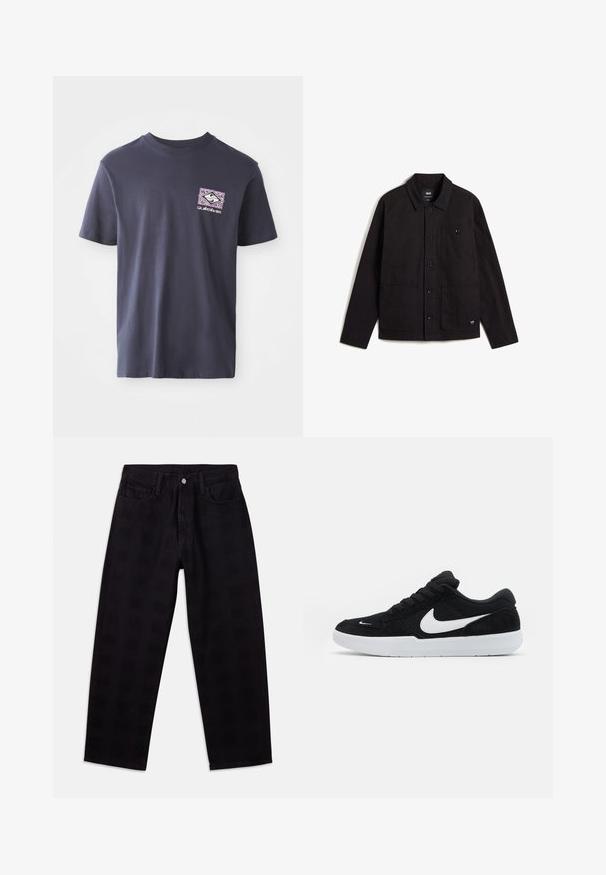 Vans DRILL CHORE - Lichte jas - black; Marineblauwe katoenen t-shirt met een ronde halslijn en korte mouwen. Voorzien van een geometrisch grafisch print in paars en wit op de linkerborst.; Zwarte spijkerbroek van denim met een losse pasvorm, voorzien van een knoopsluiting, ontwerp met vijf zakken en een subtiel structuurpatroon over de stof.; Zwarte suède sneakers met witte accenten, met een ronde neus, dikke witte zool en zwarte veters. Opvallend wit Nike-logo aan de zijkant.