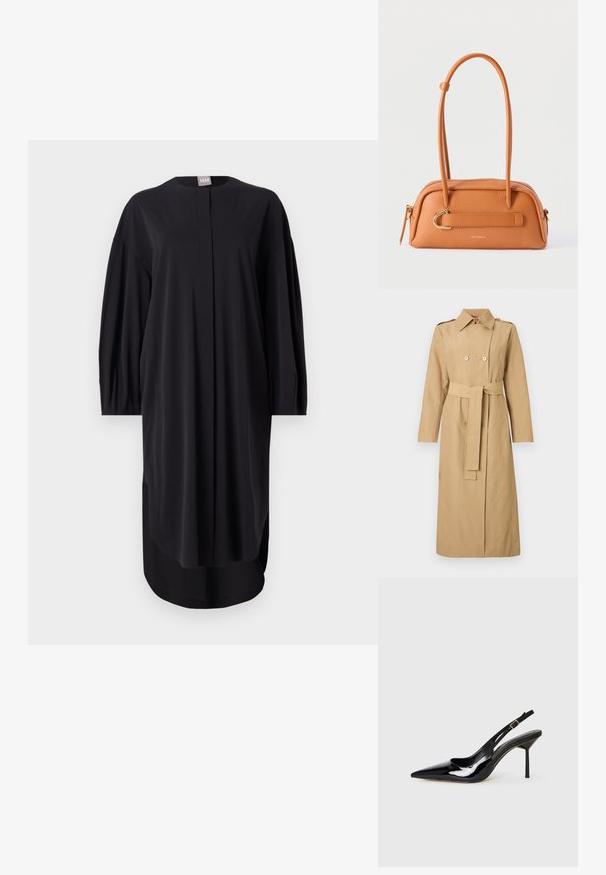 Lange beige trenchcoat met dubbele rij knopen, riem in de taille, schouderepauletten en een klassieke kraag tegen een effen achtergrond.; Zwarte jurk van gladde stof, met een ronde halslijn, lange mouwen en zijsplitten. Losse pasvorm met minimale ontwerpelementen.; Zwarte gepatineerde leren spitse slingback stiletto hak schoen met een dunne band en gouden gesp op een witte achtergrond.; Tan lederen handtas met dubbele handvatten, gouden gespdetail en ritssluiting, met het merk "Coccinelle" centraal aan de voorkant.