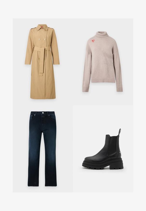 Lange beige trenchcoat met dubbele rij knopen, riem in de taille, schouderepauletten en een klassieke kraag tegen een effen achtergrond.; Licht beige gebreide trui met een hoge kraag, ribgebreide mouwen en zoom, met een kleine rode hartborduursel in de buurt van de kraag en een voorzak.; Donkerblauwe jeans voor heren met rechte pijpen, voor- en achterzakken, knoopsluiting en riemlussen, afgebeeld op een witte achtergrond.; Zwarte chelsea laarzen van glad leer met elastische zijpanelen, een dikke, geribbelde rubberen zool en een aantrekbandje aan de achterkant.