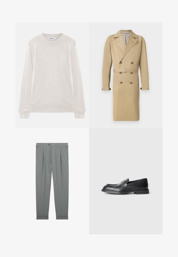 Kreemikas topelt-rinnaga trench-kurta, millel on vööga talje, sälk-lapels ja nööp-detailid, valmistatud siledast, kergekaalulisest kangast.; Helebeežist pikkade varrukatega ümar kaelusega kampsun, millel on soonikkoes mansetid ja äär, subtilne logo vasakul rinnal ning J.Lindebergi silt kaeluses.; Helehallid eriti lõigatud kleitpüksid esipandlatega, külgkinnituste, nööpkinnituse ja varrukate mansettidega.; Mustad nahast mokassiinid tekstuurse viimistlusega, ees kaunistava sangaga ja ümarate ninadega. Kita on kummist, et tagada vastupidavus.
