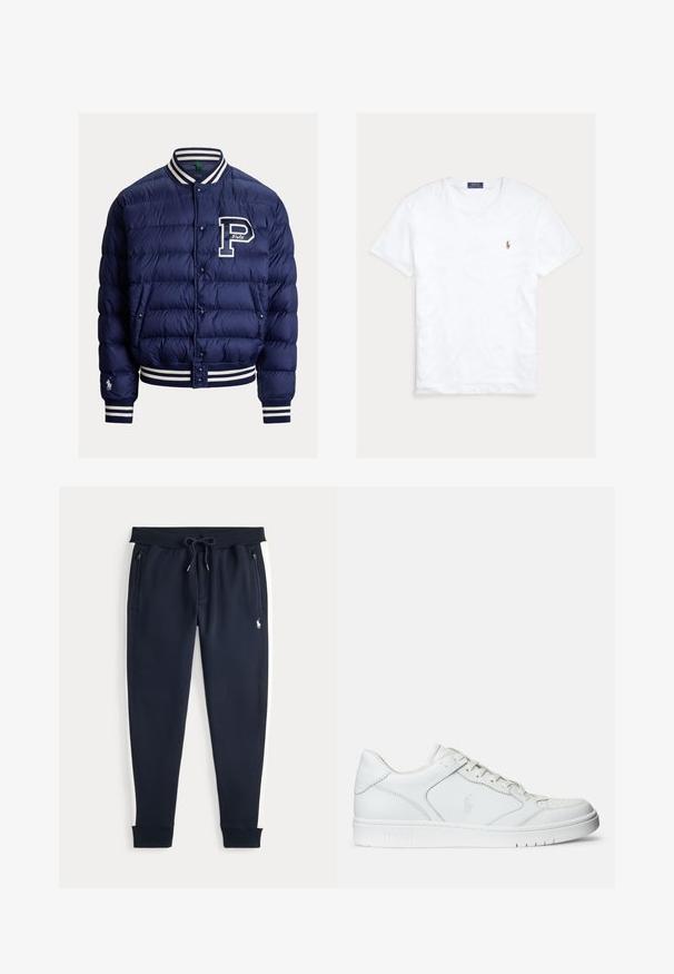 Marineblå quiltet bomberjakke med stribet ribbet krave, manchetter, kant, trykknapper, forlommer og et stort "P" logo på brystet.; Hvid T-shirt med rund hals og korte ærmer med lille broderet Polo Ralph Lauren-logo på venstre bryst og blå mærkeetiket indvendigt i kraven.; Marineblå joggerbukser med hvide sidelommer, lynlåslommer, snøre i taljen og lille hvidt logo på højre lår.; Hvide lædersneakers med en glat tekstur, der har en perforeret tå, snørebåndslukning og broderet logo på siden. Hvid gummisål.