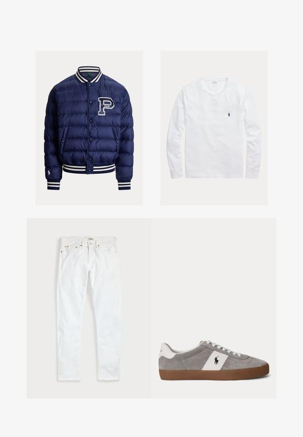 Marineblå quiltet bomberjakke med stribet ribbet krave, manchetter, kant, trykknapper, forlommer og et stort "P" logo på brystet.; Hvid langærmet crewneck-shirt med lille mørkeblå Polo Ralph Lauren-logo broderet på venstre bryst.; Hvide slim fit jeans med fem lommer, knaplukning og bæltestropper, fladt lagt på en ensfarvet lys baggrund.; Lavtops grå ruskind sneaker med hvide snørebånd, hvid hæl og sidepanel med sort polo spiller logo og brun gummisål.