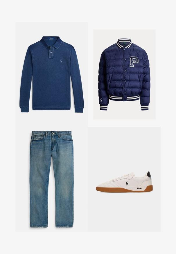 Tumesinine tikitud bomber-tüüpi jope triibulise soonikkoe krae, mansettide, ääre, trukknuppude, eesmiste taskute ja suure "P" logoga rinnal.; Tumesinine pikka varrukaga polo-särk puuvillasegust, millel on klassikaline krae, kahe-klõpsuga plokk ja väike tikitud logo rinnal.; helehallidest teksapüksid sirge lõikega, millel on viis taskut, nööpidega sulgemine ja peen koorimisefekt tekstuuri lisamiseks.; Valge madala lõikega toss pruuni kummist tallaga, must Polo Ralph Laureni logo küljel ja "RL" tekst kandjalosal.