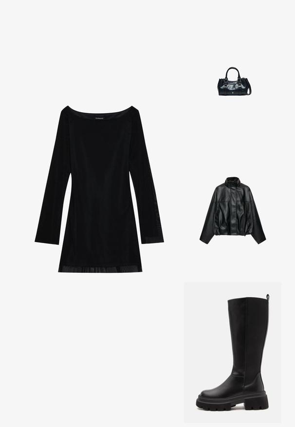 Veste noire en simili cuir avec col montant, fermeture éclair devant cachée par un rabat, manches longues et poches latérales.; Robe noire à manches longues avec un décolleté dégagé, texture lisse et silhouette fluide. Présente des détails transparents à l'ourlet.; Botte noire montante jusqu'au genou avec semelle épaisse à crampons, devant en cuir lisse, panneau arrière en tissu côtelé élastique et languette en haut à l'arrière.; Sac à main en cuir noir avec deux poignées supérieures, boucles décoratives et une bandoulière amovible sur fond blanc.