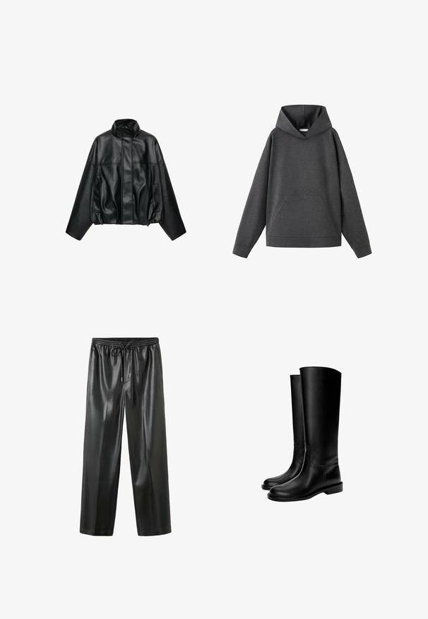 Veste noire en simili cuir avec col montant, fermeture éclair devant cachée par un rabat, manches longues et poches latérales.; Sweat à capuche gris foncé, en tissu doux. Doté d'une poche kangourou à l'avant et d'épaules larges tombantes. Design simple et épuré.; Pantalon large en similicuir noir avec taille élastique et cordon de serrage, offrant une texture lisse et un design épuré.; Bottes en cuir noires montant jusqu'au genou avec une texture lisse, bout rond, semelle plate et design minimaliste, comprenant des coutures cousues et aucun matériel visible.
