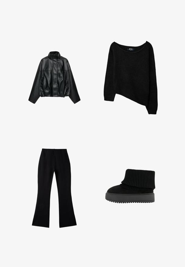 Schwarze Kunstlederjacke mit hohem Kragen, vorne Reißverschluss, verdeckt durch eine Blende, langen Ärmeln und Seitentaschen.; Schwarzer, schulterfreier Pullover mit lockerem Schnitt, gerippten Bündchen und kurzem Design. Hergestellt aus weichem, strukturiertem Stoff. Etikett innen sichtbar.; Schwarze hoch taillierte ausgestellte Hose mit sichtbaren Nahtdetails und vorderen Seitentaschen, flach auf weißem Hintergrund dargestellt.; Schwarze Knöchelstiefel mit einem gerippten Strickkragen und einer flachen, strukturierten Sohle. Hergestellt aus einer Kombination aus Wildleder und elastischen Materialien.