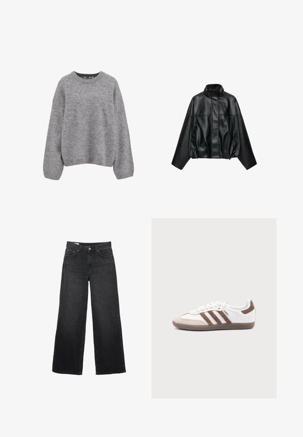Veste noire en simili cuir avec col montant, fermeture éclair devant cachée par un rabat, manches longues et poches latérales.; Pull en maille gris clair doux avec manches longues et poignets, ourlet et encolure ras du cou côtelés.; Jeans noirs à jambes larges avec bouton devant, fermeture éclair, passants de ceinture et design cinq poches sur fond blanc.; Baskets Adidas Samba blanches avec des bandes en daim marron, semelle en caoutchouc marron et bout en daim beige, vues du côté extérieur sur un fond uni.