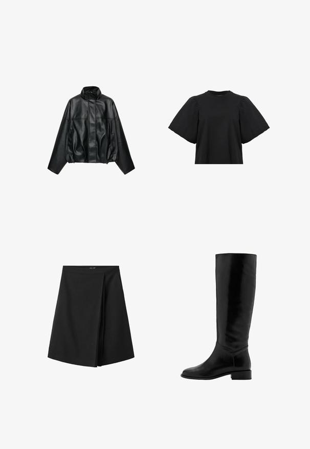 Veste noire en simili cuir avec col montant, fermeture éclair devant cachée par un rabat, manches longues et poches latérales.; AllSaints JESS TEE - Blouse - black; Jupe noire longueur genou avec une ceinture droite et un détail de pli superposé à l'avant, présentée sur fond blanc.; Botte noire en cuir, montante jusqu'au genou, avec une texture lisse, un bout rond, un petit talon et un design minimaliste. Elle présente une tige ajustée et des accents cousus.