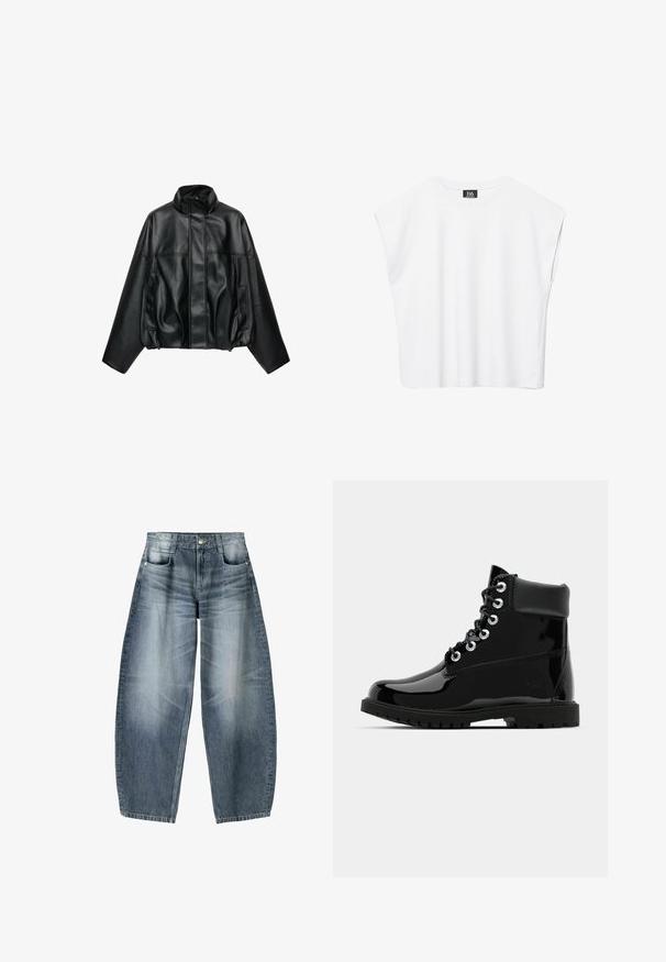 Schwarze Kunstlederjacke mit hohem Kragen, vorne Reißverschluss, verdeckt durch eine Blende, langen Ärmeln und Seitentaschen.; Weißes ärmelloses Crop-Top mit Rundhalsausschnitt, breiten Schultern und schwarzem "B6"-Etikett an der Innenseite des Kragens.; Weite Jeans aus hellblauem Denim mit Ausbleichungen, im fünf-Taschen-Design, mit Knopfverschluss und minimalen Nähtelementen.; Schwarze, glänzende Knöchelstiefel mit einer glatten Lackleder-Oberfläche, runder Zehenform, Schnürung mit sechs Ösen und einer robusten Gummisohle.