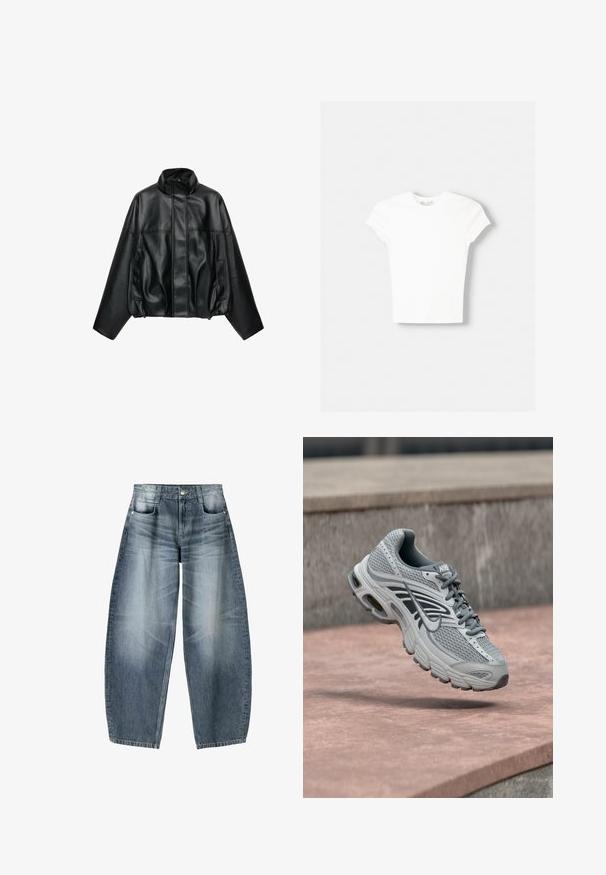Veste noire en simili cuir avec col montant, fermeture éclair devant cachée par un rabat, manches longues et poches latérales.; T-shirt blanc à manches courtes en coton doux, avec un col rond et une coupe ajustée. Pas de motifs ni d'ornements visibles.; Jean en denim bleu délavé à coupe ample avec cinq poches et fermeture par bouton, montrant des plis naturels et des détails usés.; Chaussure de course Nike gris clair et blanc avec un design en mesh, flottant au-dessus d'une surface en pierre à l'extérieur.