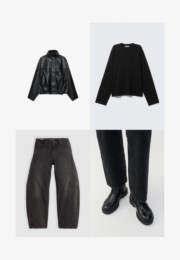 Zwarte jas van kunstleer met hoge kraag, voorrits verborgen onder flap, lange mouwen en zijzakken.; Zwarte T-shirt met lange mouwen en een ronde hals, losse pasvorm en een Weekday-merklabel bij de kraag op een egale lichte achtergrond.; Zwarte denim jeans met een relaxed fit, voorzien van vijf zakken, een knoopsluiting en subtiele vervaging. De stof heeft een soepele, stevige textuur.; Zwarte leren enkellaarsjes met ronde neuzen, veters en een robuuste, dikke zool. Gecombineerd met donkere jeans met een ruwe zoomdetail.
