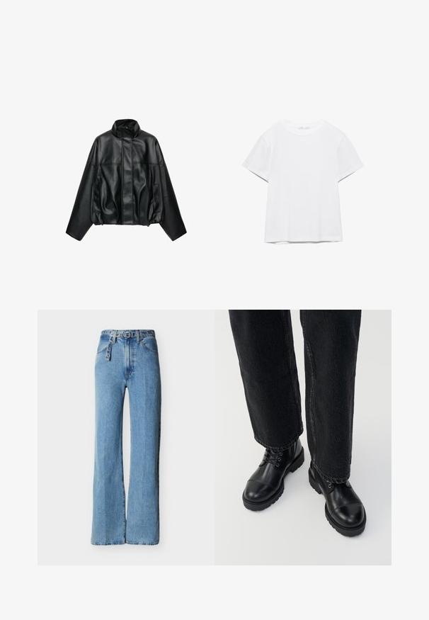 Zwarte jas van kunstleer met hoge kraag, voorrits verborgen onder flap, lange mouwen en zijzakken.; Effen wit T-shirt met korte mouwen en ronde hals, met een rechte zoom, gepresenteerd tegen een witte achtergrond.; Lichtblauwe denim jeans met hoge taille en wijde pijpen, voorzien van vijf zakken en een bijpassende denim riem met metalen oogsjes en gesp.; Zwarte leren enkellaarsjes met ronde neuzen, veters en een robuuste, dikke zool. Gecombineerd met donkere jeans met een ruwe zoomdetail.