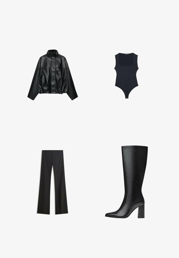 Sort kunstlæderjakke med høj krave, lynlås foran skjult af klap, lange ærmer og sidelommer.; Sort bodysuit med firkantet udskæring, ærmeløs design og thong bag. Fremstillet af glat, strækbart stof. Har knaplukning i bunden.; Sorte, flarede bukser med en glat tekstur, der har en skræddersyet pasform og en talje. Ingen synlige mønstre eller udsmykninger.; Sorte knæhøje støvler lavet af imiteret læder med spids tå, glat tekstur og en chunky blokhæl. Minimalistisk design uden synlige detaljer.