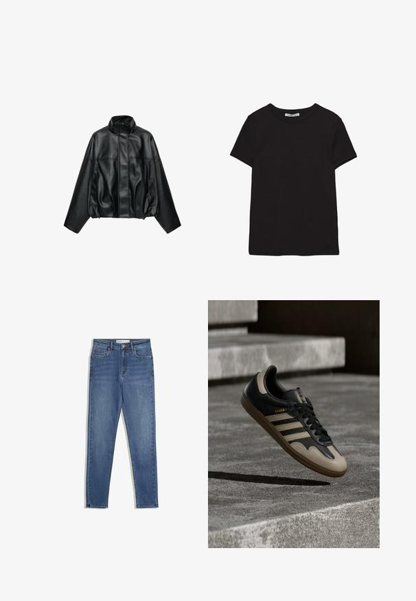 Schwarze Kunstlederjacke mit hohem Kragen, vorne Reißverschluss, verdeckt durch eine Blende, langen Ärmeln und Seitentaschen.; Schwarzes, kurzärmliges Baumwoll-T-Shirt mit rundem Halsausschnitt, Standardpassform und sichtbarem innerem Nackenetikett.; Blaue Denim-Jeans mit hoher Taille, slim Fit, Fronttaschen, Reißverschluss und kontrastierenden Nähten. Strukturierte Gestaltung mit glatter Textur.; Schwarzer und beiger Ledersneaker mit drei weißen Streifen, tannengrüner Gummisohle und goldener "Samba"-Detailierung an der Seite.