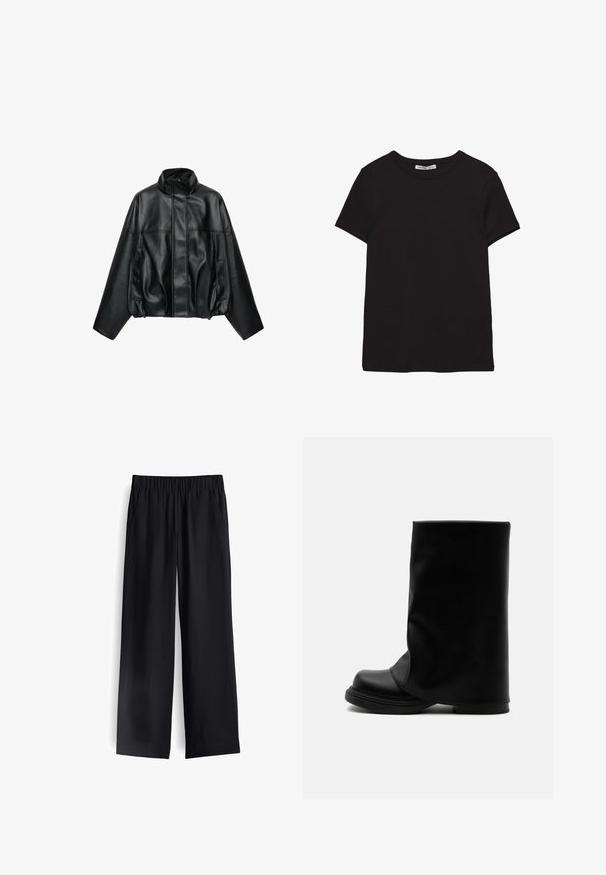 Schwarze Kunstlederjacke mit hohem Kragen, vorne Reißverschluss, verdeckt durch eine Blende, langen Ärmeln und Seitentaschen.; Schwarzes, kurzärmliges Baumwoll-T-Shirt mit rundem Halsausschnitt, Standardpassform und sichtbarem innerem Nackenetikett.; Schwarze weit geschnittene Hose aus glattem Stoff, mit elastischem Bund und zwei vorderen Taschen, mit einem fließenden Fall und minimalistischem Design.; Schwarzer hoher Lederstiefel mit weitem, lockerem Schaft und dicker, abgerundeter Sohle auf weißem Hintergrund.